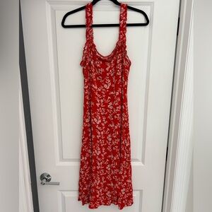 Lulus Red Floral Midi Sundress Womens XL Smocked Bodice, Vacation/Layering Dress